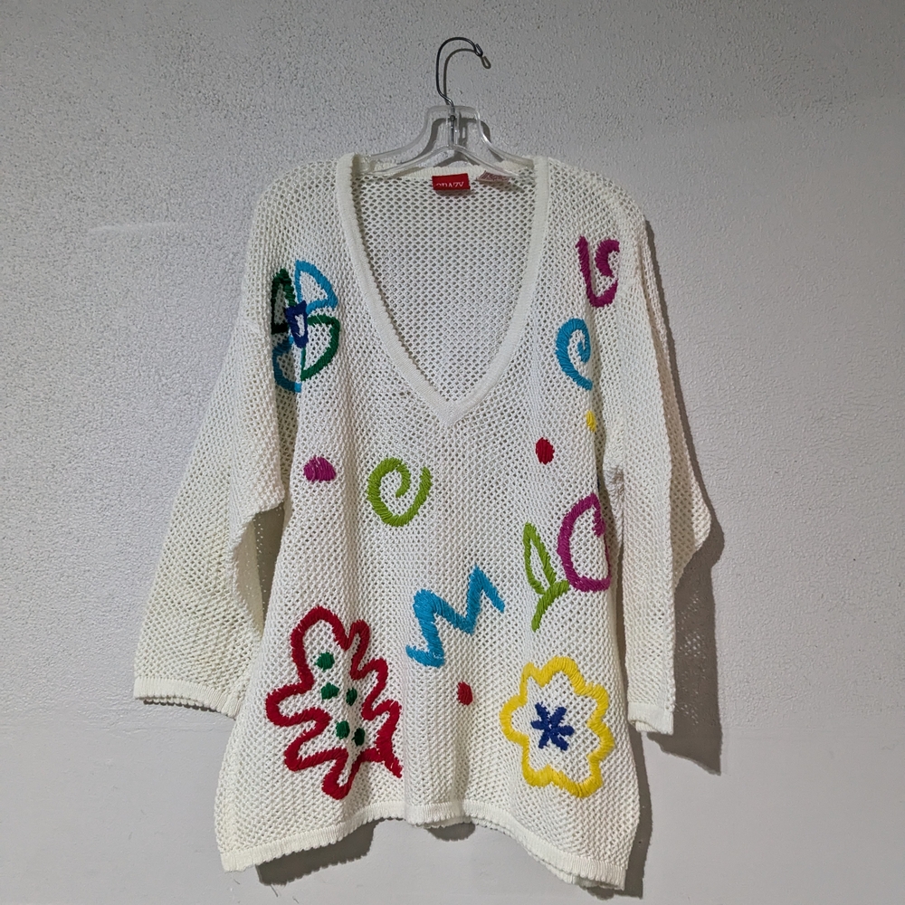 Crazy Horse Vintage Shabby Chic Large Cream Multicolor Crochet Open Knit Sweater